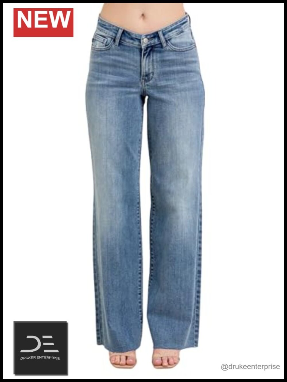 V-Front Baggy Wide Leg Mid Rise Jeans with Stretch Loose Fit